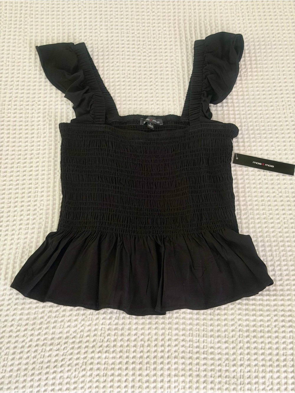 Moa Moa Ruffle Peplum Tank Top Black Smocked Cami Stretch Sz L Romantic Goth NWT